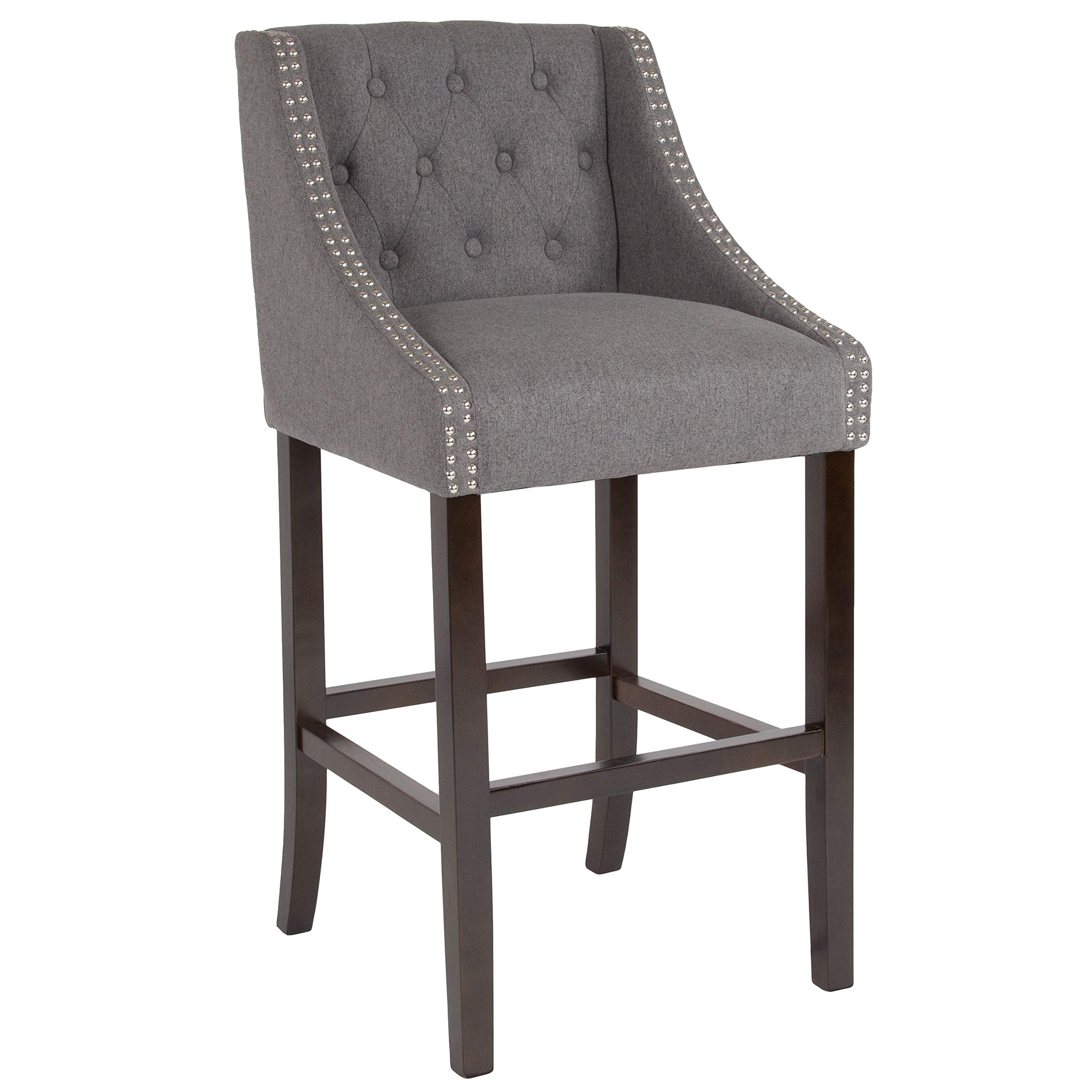 Flash Furniture Carmel Series 30&quot; High Transitional Tufted Walnut Barstool With Accent Nail Trim In Dark Gray Fabric
