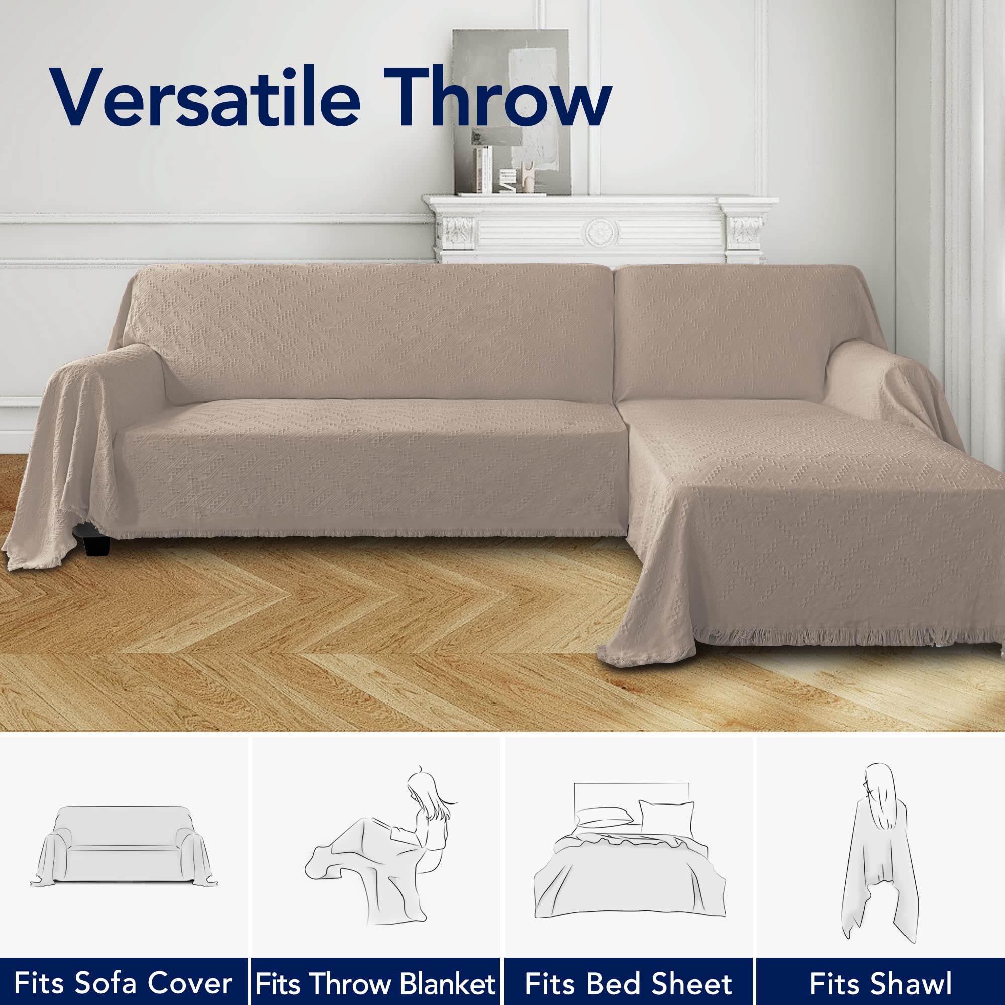 Purefit Geometric Jacquard Throw Sofa Cover - Textured Soft Washable Decorative Couch Covers For 3 Cushion Couch, Throw Cover With Tassels Furniture Protector For Pets, Kids (Large, Camel)