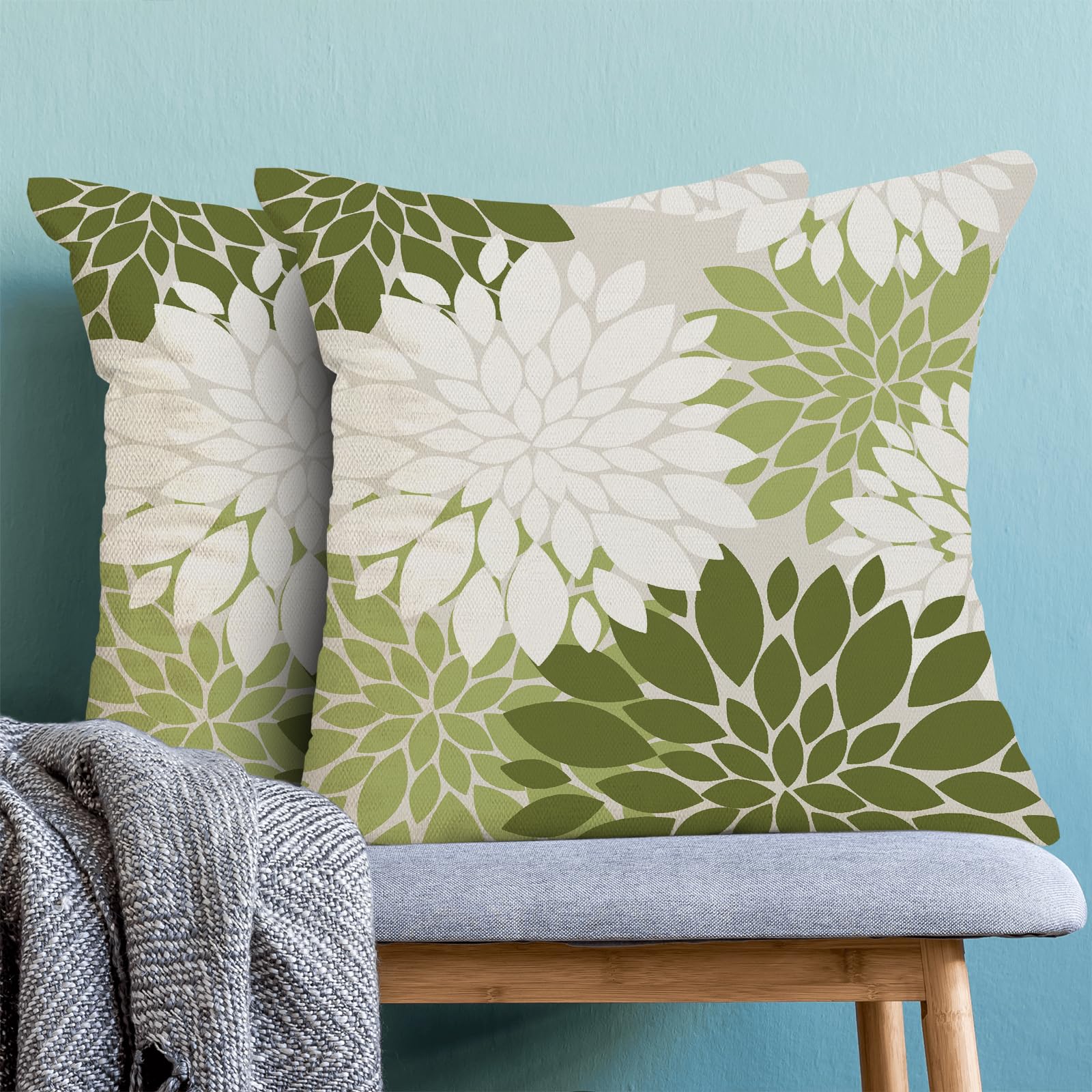 Cxmeifly Sage Green White Summer Outdoor Pillow Covers 18X18 Inch Set Of 2 Olive Green Dahlia Floral Decor Throw Pillows Modern