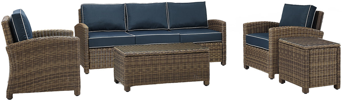 Crosley Furniture Bradenton 5-Piece Outdoor Sofa Patio Furniture Set, Wicker Conversation Sets for Porch, Brown with Navy Cushions