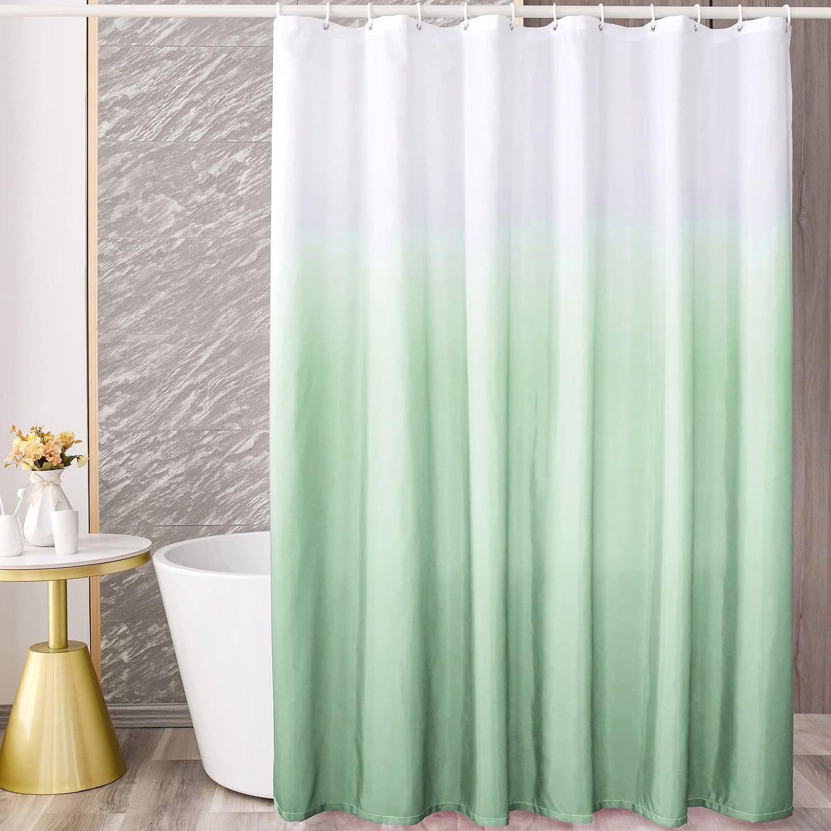 YI & ZE Green Ombre Shower Curtain Sets for Bathroom Accessories Fabric Polyester Waterproof Modern Shower Curtain Liner with 12
