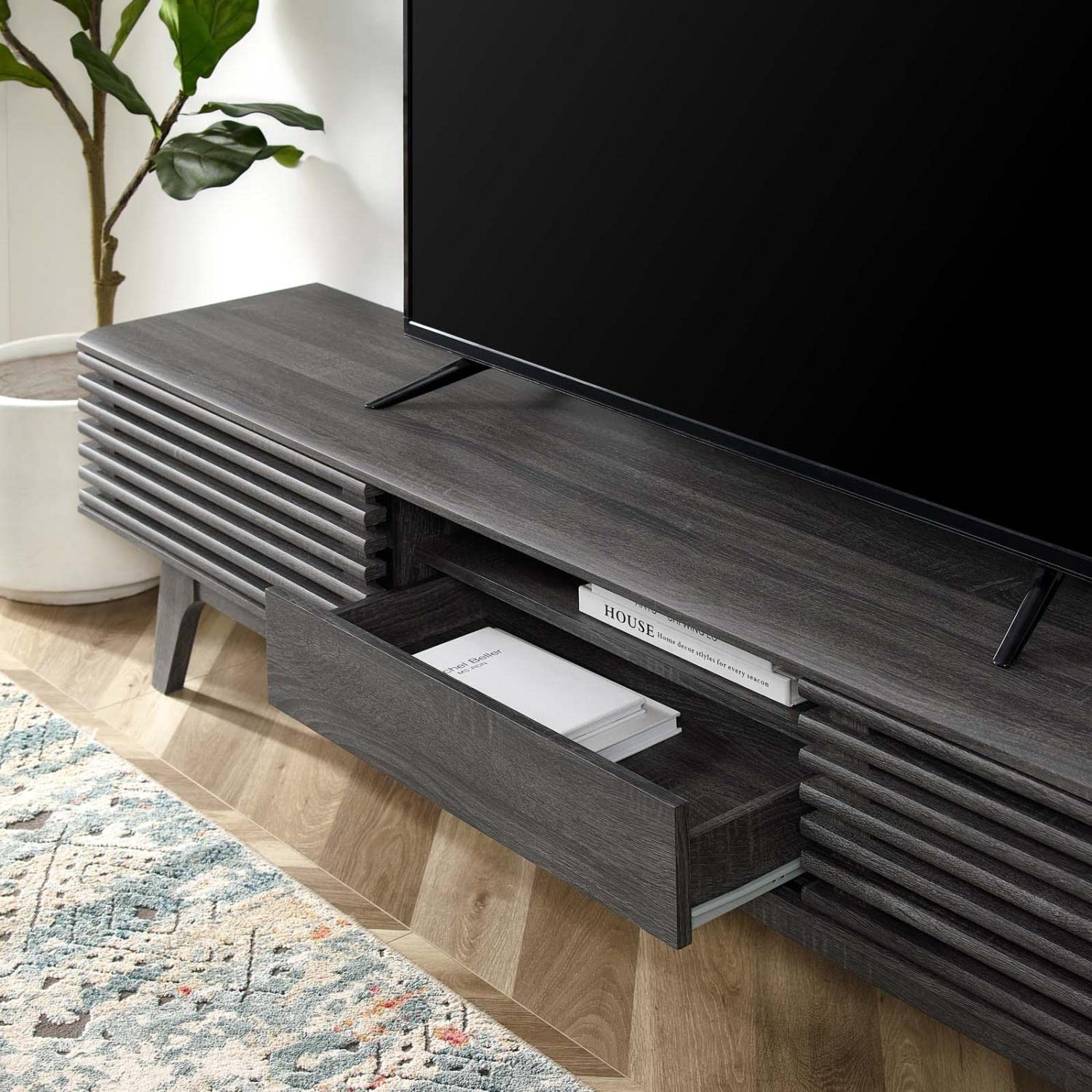 Modway Render Mid-Century Modern Low Profile 70 Inch Tv Stand In Charcoal, 70'
