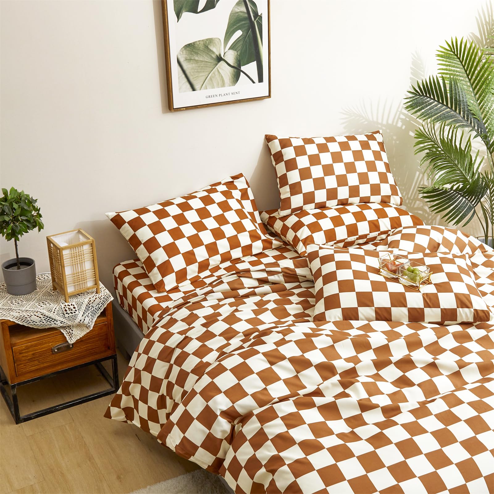 Clothknow Pumpkin Grid Comforter Set King 3Pcs Brown Beige Bedding Comforter Sets Brown King Comforter Soft Caramel Checker King