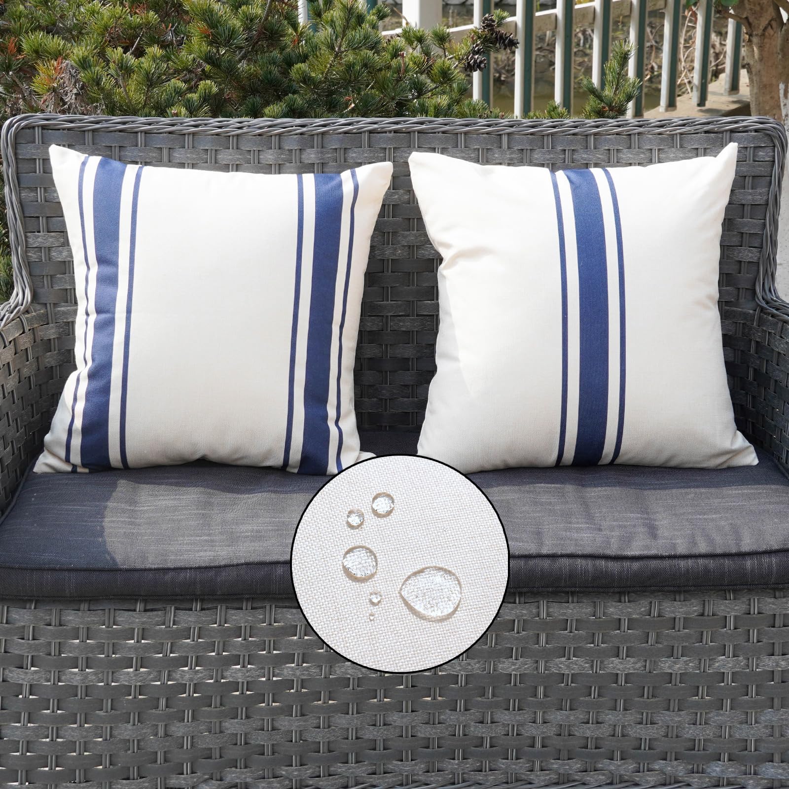 Onway Outdoor Pillow Covers Waterproof 20X20 Set Of 2 Decorative Linen Throw Pillow Cover Beige And Navy Blue Striped Outdoor Pi