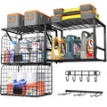 ThreeHio Garage Shelf Wall Mounted with Wire Baskets, Heavy Duty Wall Shelving with Garden Tool Rack and Hooks, Wire Shelf Baske