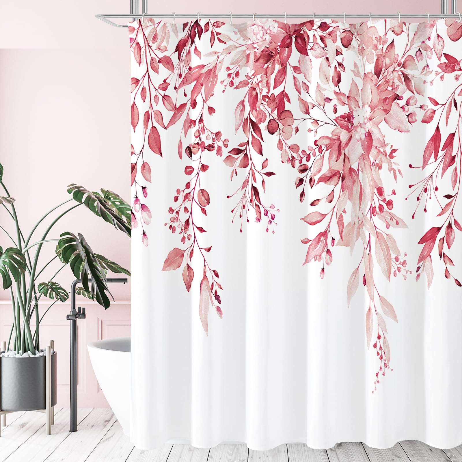 Gibelle Extra Long Shower Curtain 72 x 84, Tall Pink Floral Shower Curtain for Bathroom, Watercolor Plant Eucalyptus Leaves Fabr