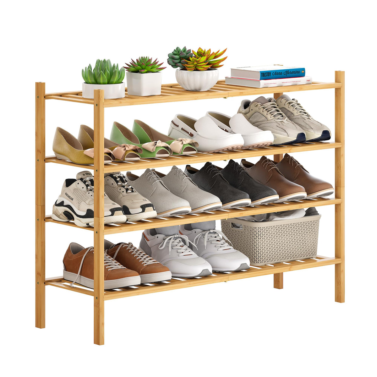Filwh Bamboo Shoe Rack Stackable Shoe Shelf Storage Organizer For Unit Entryway Hallway And Closet Sturdy Freestanding Shoe Shelf (4L Tier Natural)