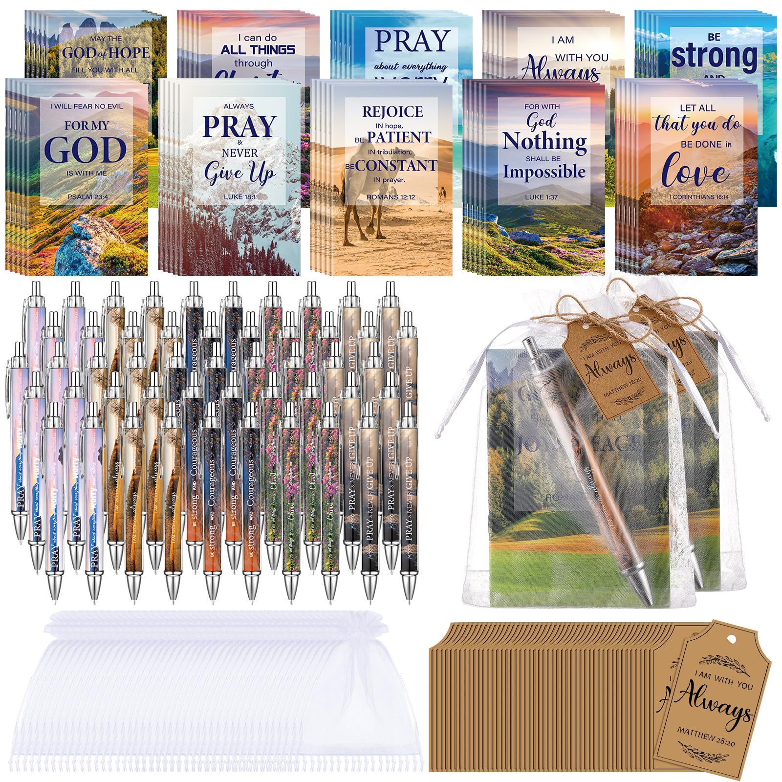 Qeeenar 200 Pcs Bible Verse Sets Church Christian Gift Include 50 Scripture Notebooks 50 Bible Bamboo Pens 50 Thanks Tags 50 Org
