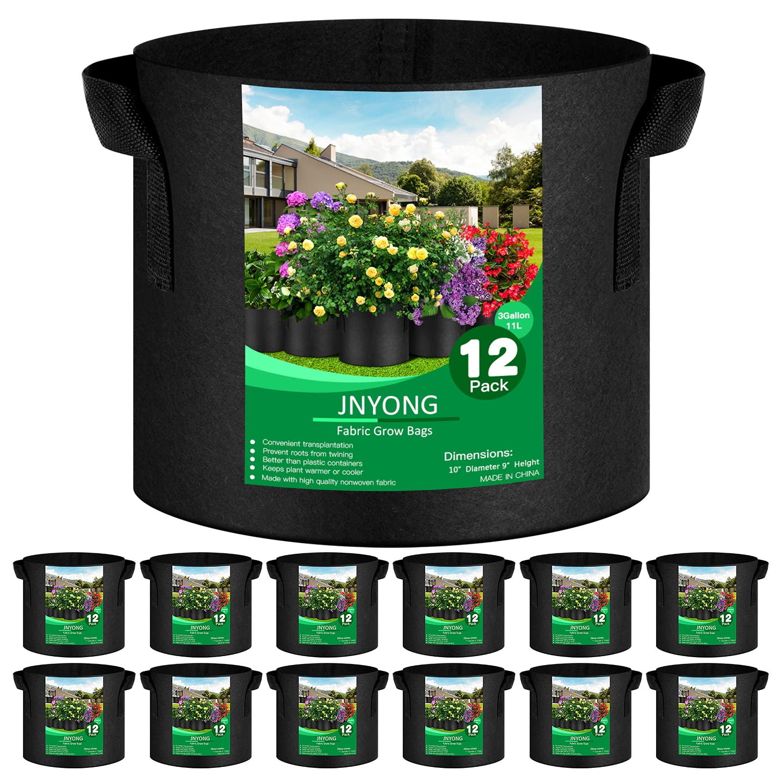 Jnyong 12-Pack 3 Gallon Thickened Non-Woven Grow Bags, Aeration Fabric Pots With Handles