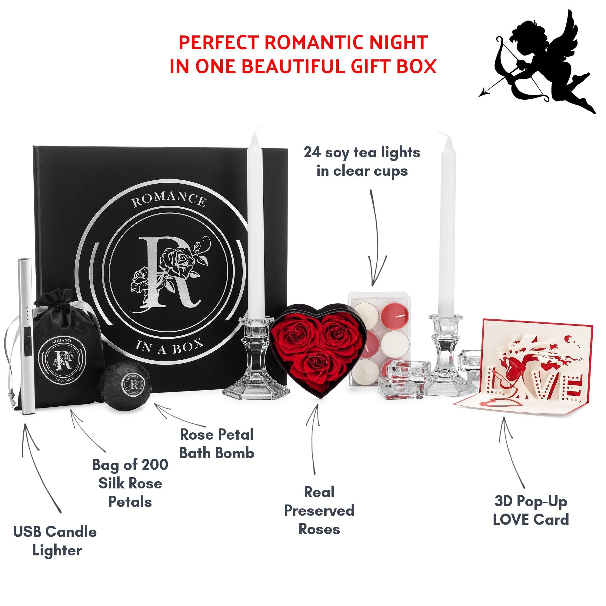 Romance Helpers Romance-in-a-Box Gift Box - Romantic Basket with Candles, Rose Petals, Essential Size, Rose Color, Model SKUEXEMPT001