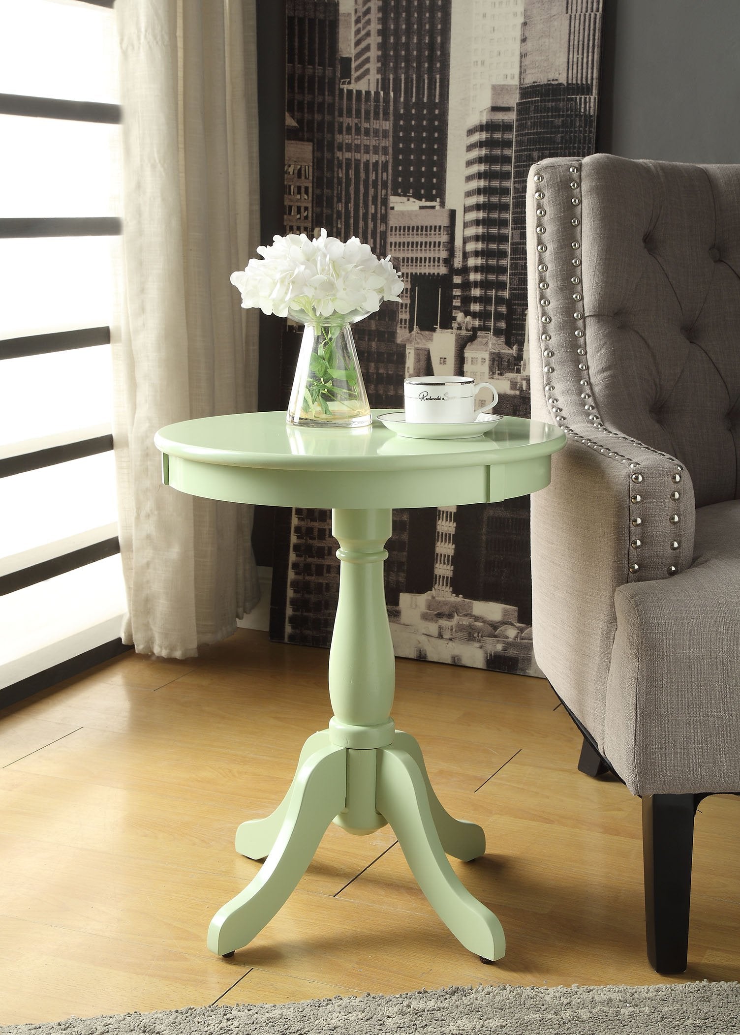 Acme Alger Wooden Round End Table In Light Green