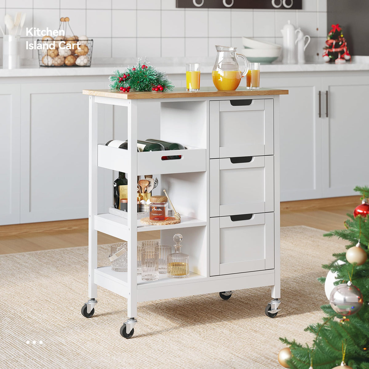 Yitahome Small Solid Wood Top Kitchen Island Cart On Wheels With Storage, Rolling Portable Dining Room Serving Utility Carts Mobile Movable With 3 Drawers Cabinet, Oak & White