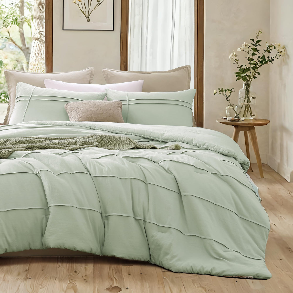 Amberspace Boho King Size Comforter Set, Sage Green King Size Bed Set 3 Piece, Pinch Pleat King Bedding Set And Green Fluffy Com