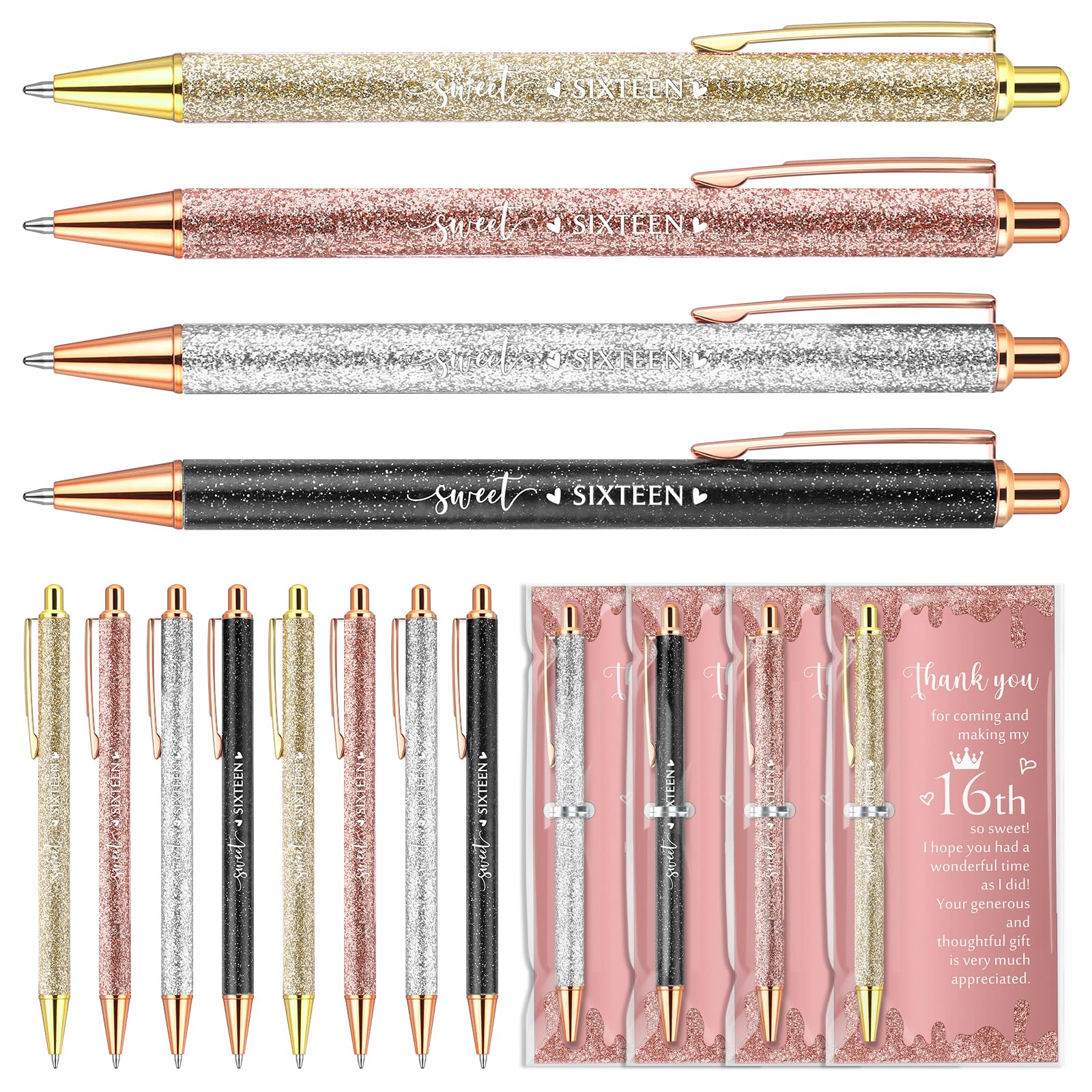 Feifeiya 50 Sets Sweet 16th Birthday Party Favors for Guests, Include Sweet Sixteen Glitter Ballpoint Pens with Thank You Cards,