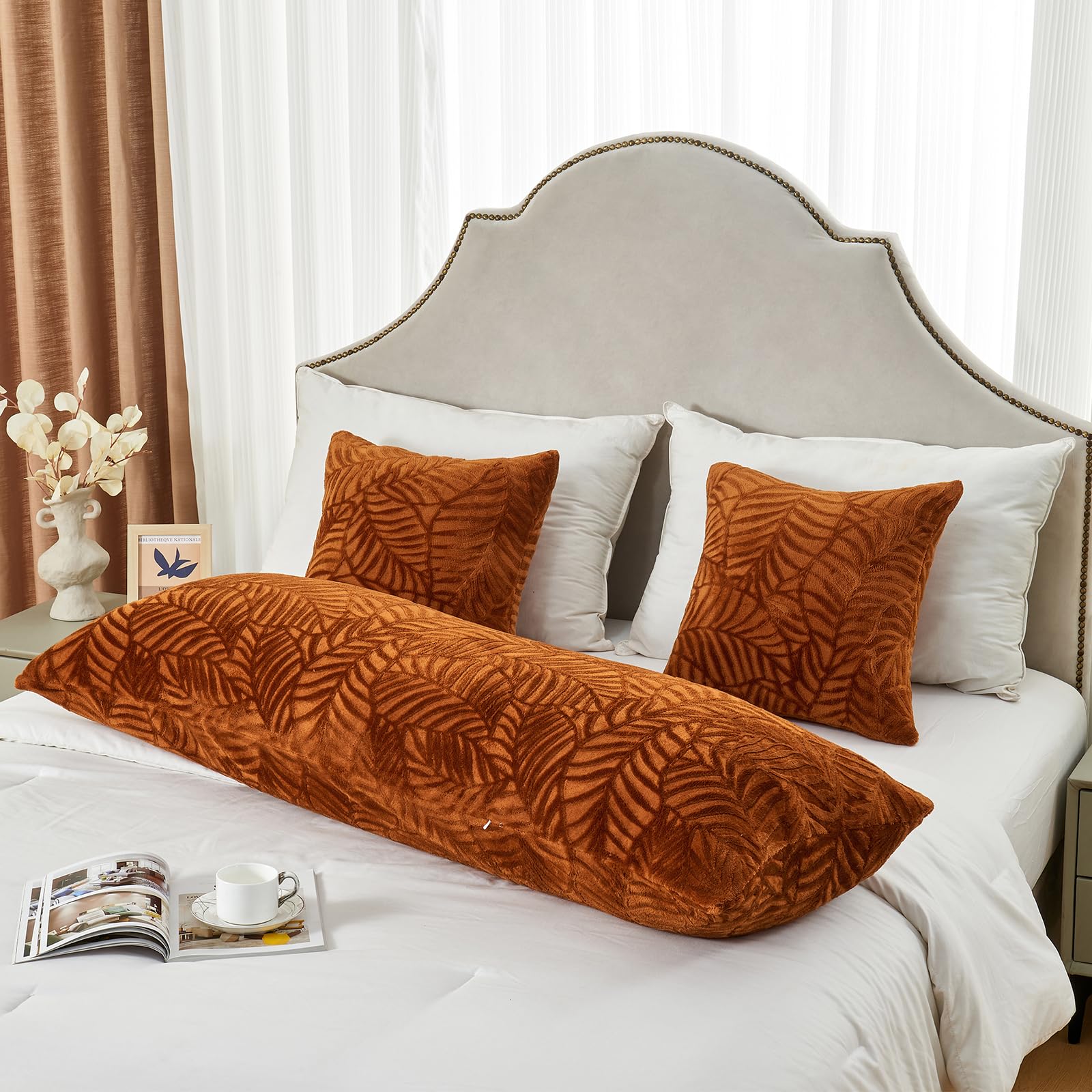 Sochow Fall Body Pillow Cover 21X54 Inches, Super Soft And Cozy Leaves Textured Fleece Long Body Pillowcase With Zipper Closure,