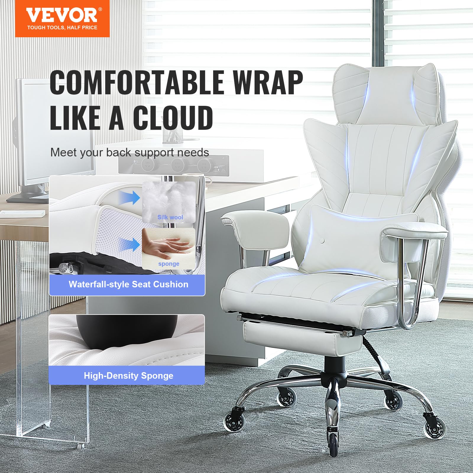 VEVOR Reclining Office Chair with Footrest, Heavy Duty PU Leather, 350lbs Capacity, Big & Tall Executive Chair, White