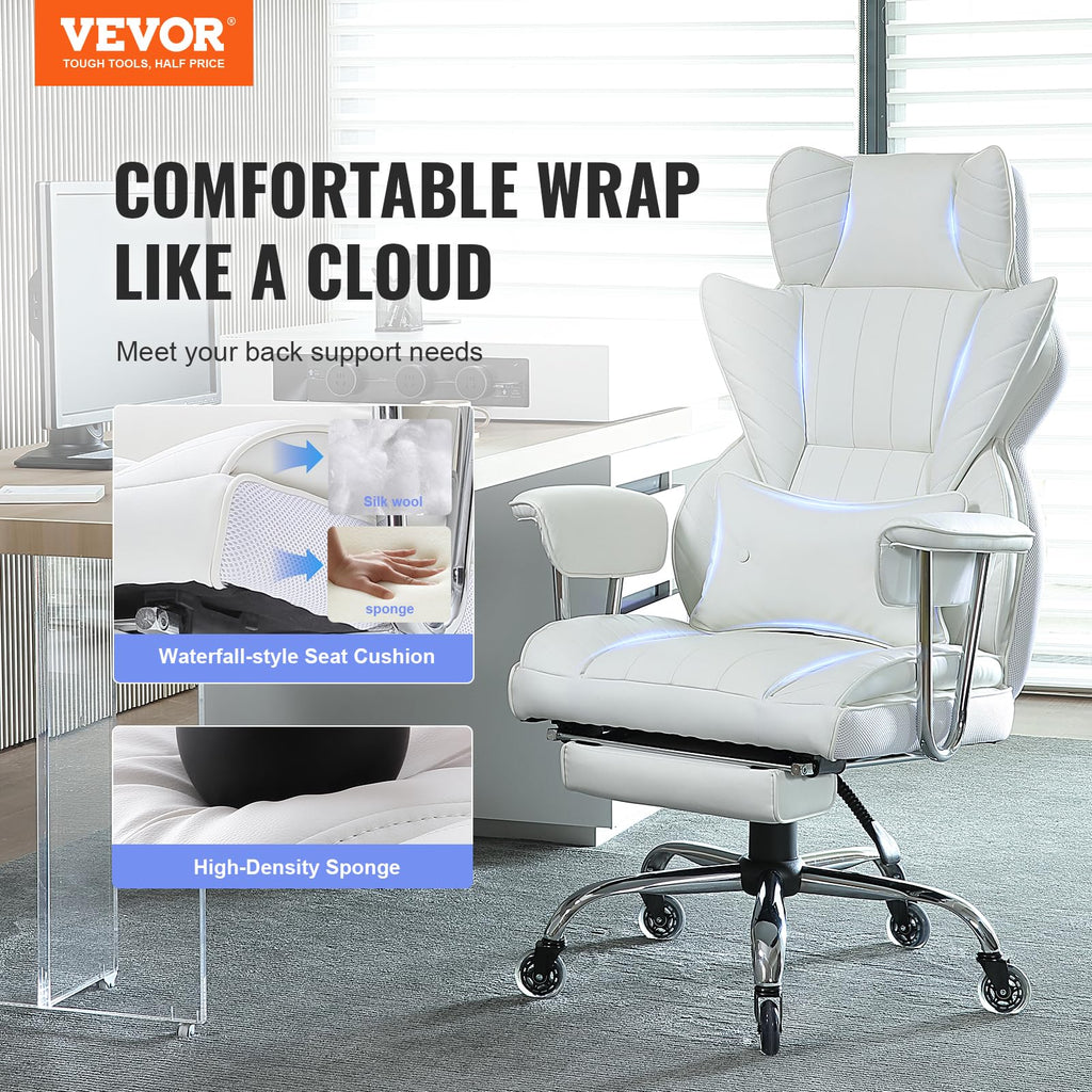 VEVOR Reclining Office Chair with Footrest, Heavy Duty PU Leather, 350lbs Capacity, Big & Tall Executive Chair, White