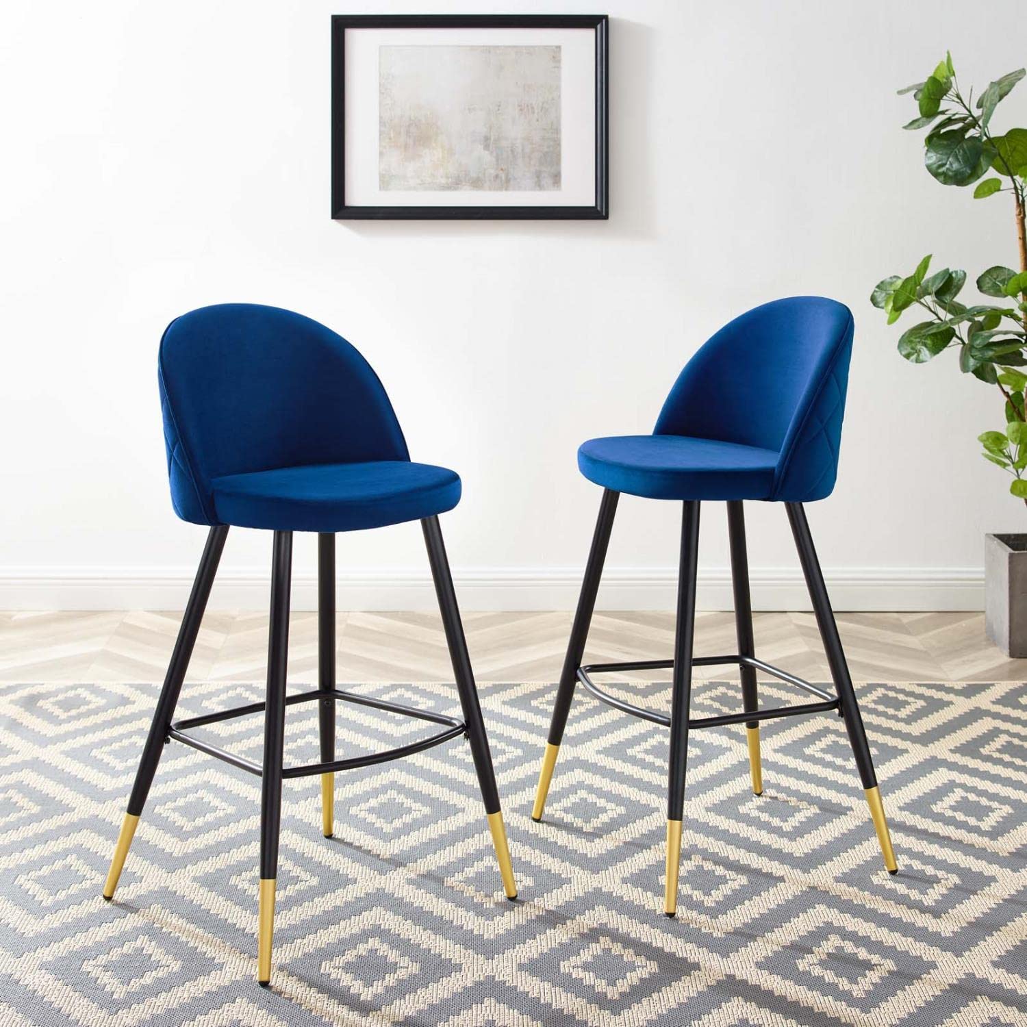 Modway Cordial Performance Velvet Dining Bar Stools in Navy - Set of 2