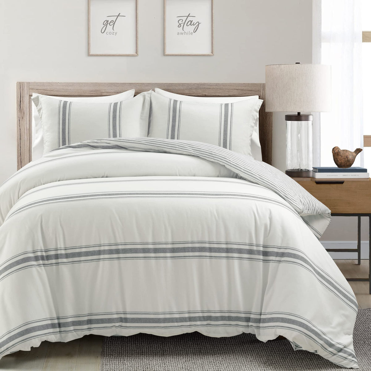 Lush Decor Farmhouse Stripe Reversible Cotton Duvet Cover Set, 3 Piece Set, King, Dark Gray - Cozy Farmhouse Bedding Set - Rusti