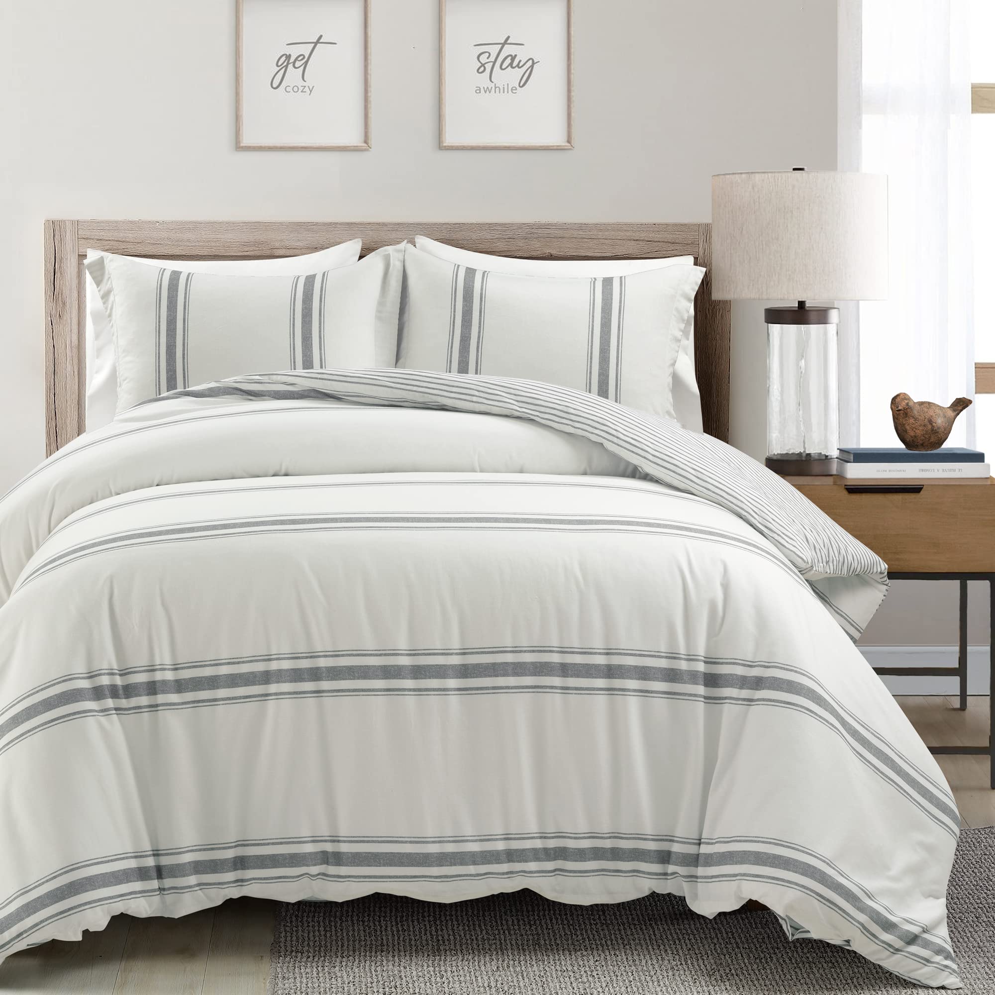 Lush Decor Farmhouse Stripe Reversible Cotton Duvet Cover Set, 3 Piece Set, King, Dark Gray - Cozy Farmhouse Bedding Set - Rusti