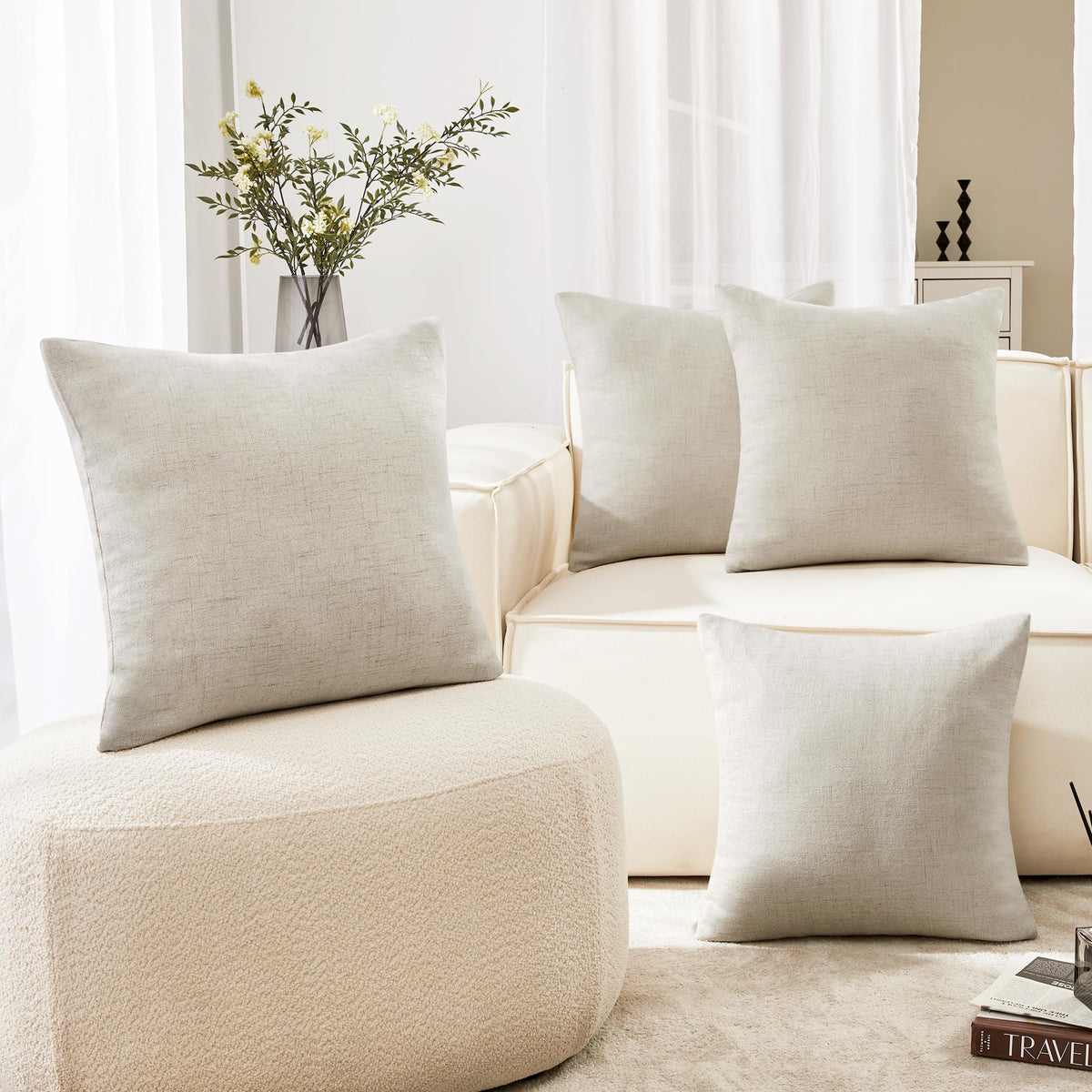 Deconovo Textural Faux Linen Throw Cushion Case Pillow Cover With Invisible Zipper For Couch 18 X 18 Inch Light Flax Set Of 4 No