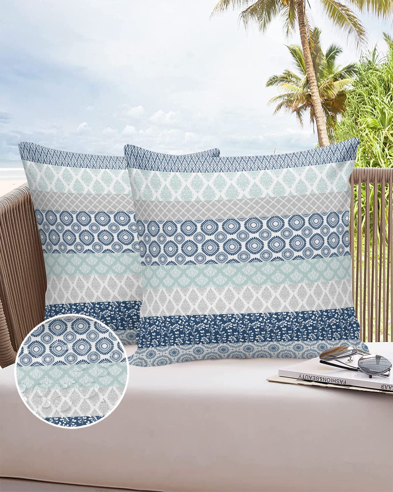 Outdoor Waterproof Throw Pillow Covers Set Of 2 Blue Boho Stripe Tribal Vingtage Lumbar Pillowcases 16X16 Inches Bohemian Style