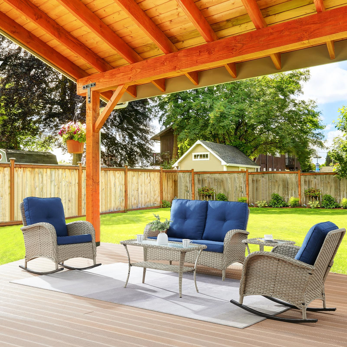 Belord Wicker Conversation Sets Patio Furniture 5 Pcs Outdoor Rocking Chairs With Rattan Loveseat, Wicker Table And Chairs Set For Patio Deck Poolside Blue Cushion