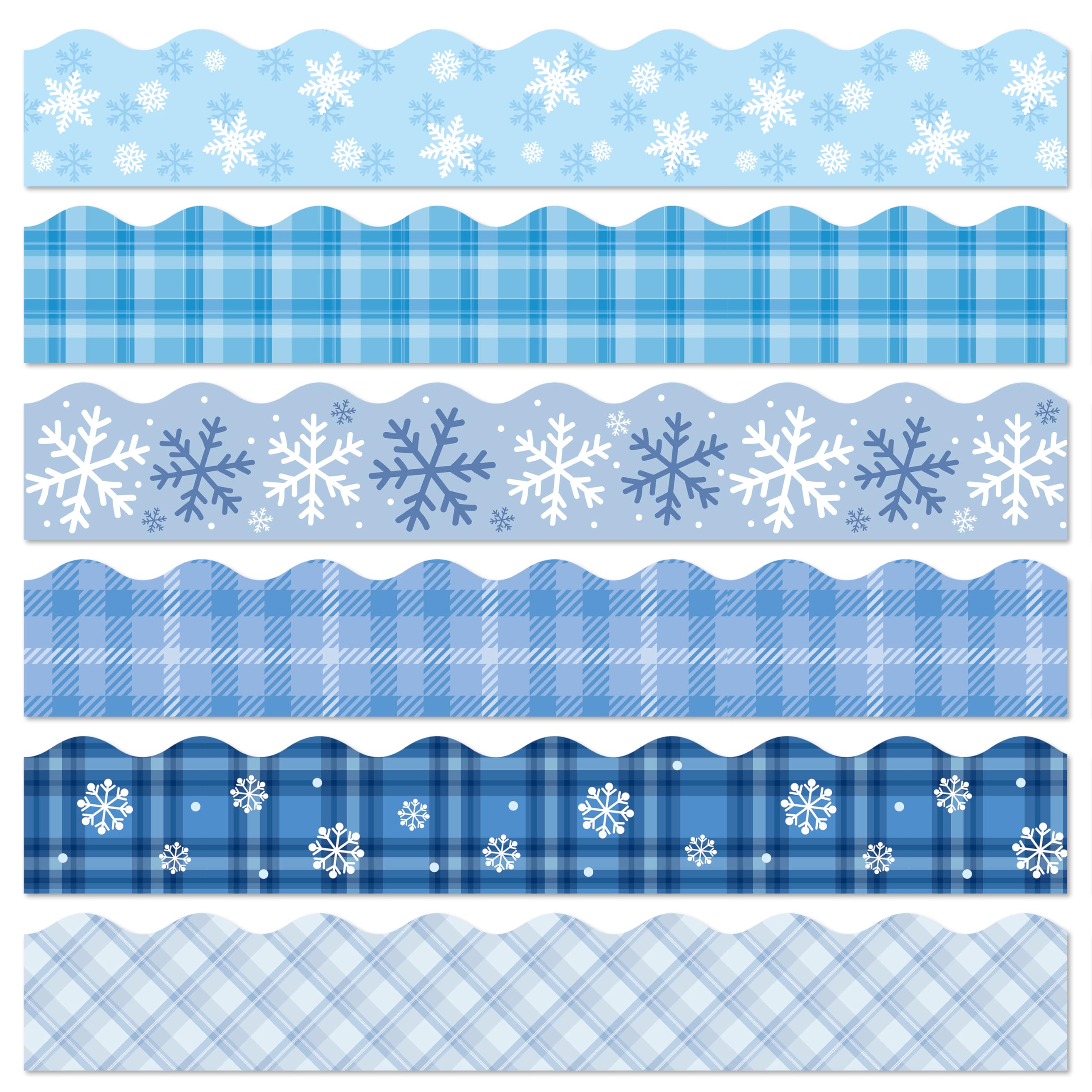 Beyumi 96Pcs Winter Snowflake Plaid Bulletin Board Borders Blue Christmas Scalloped Plaid Border Trim Snowflake Themed Holiday S