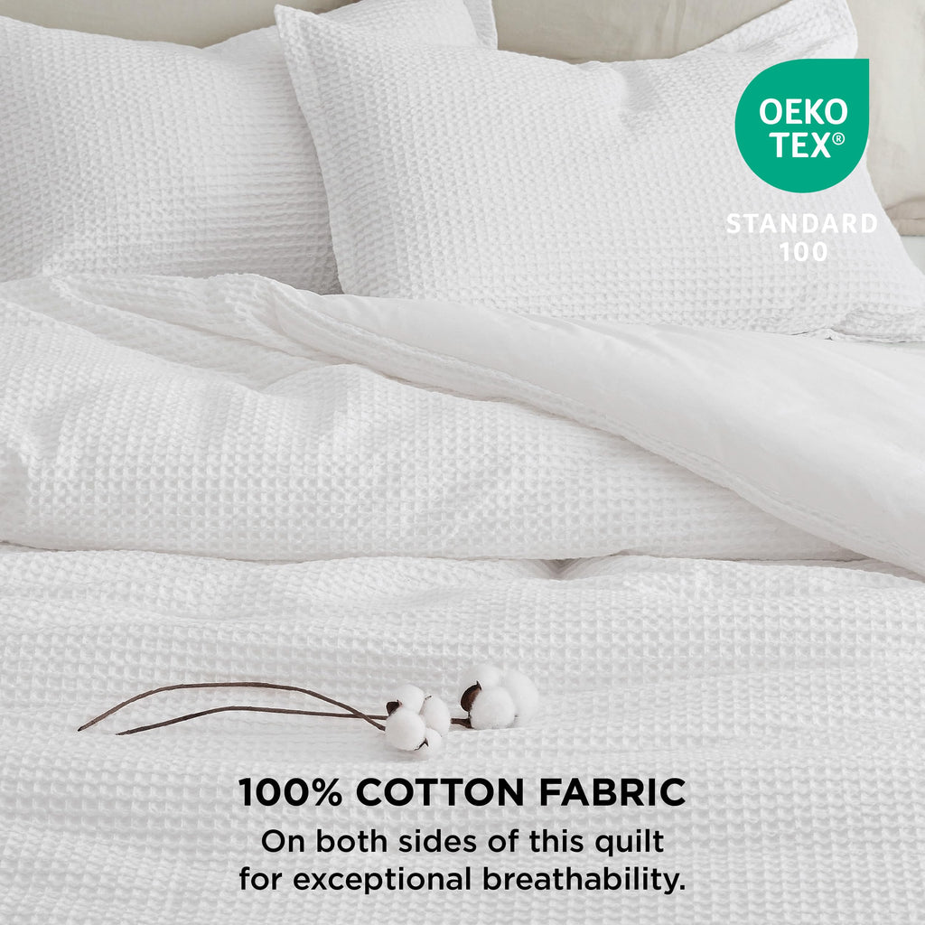 Bedsure Waffle Comforter Set Queen, White Soft Cotton Bedding, Waffle Weave Bed Set, 3 Pieces, 1 Comforter (90'X90') And 2 Pillow Shams, Premium Cotton Cover With Polyester Fill For All Seasons