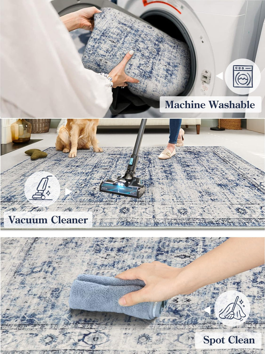 Lahome Blue Area Rug For Living Room 6X9 Machine Washable Area Rugs Living Room Rug,Vintage Distressed Soft Rubber Backing Stain