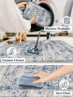 Lahome Blue Area Rug For Living Room 6X9 Machine Washable Area Rugs Living Room Rug,Vintage Distressed Soft Rubber Backing Stain
