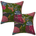 Stylo Culture Decorative Cotton Cushion Covers 16X16 Inch Kantha Printed Dark Olive Green Living Room Decor Tropicana Ethnic Squ