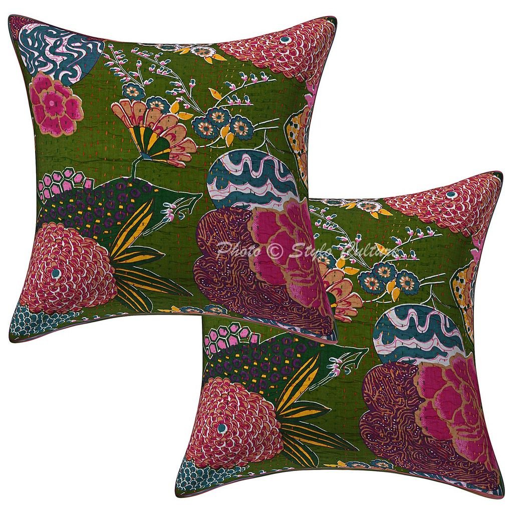 Stylo Culture Decorative Cotton Cushion Covers 16X16 Inch Kantha Printed Dark Olive Green Living Room Decor Tropicana Ethnic Squ