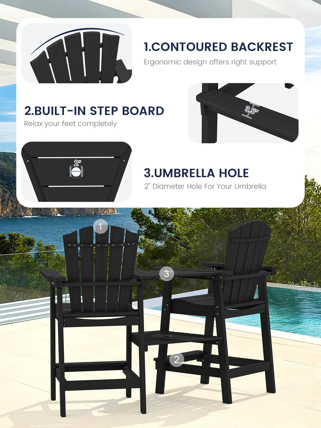 Kingyes Tall Adirondack Chair Set Of 2, Hdpe Tall Adirondack Barstools With Double Connecting Trays, Embossed Bar Height Adirondack Chair For 2, All Weather Resistant Balcony Adirondack Chairs, Black