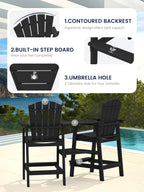 Kingyes Tall Adirondack Chair Set Of 2, Hdpe Tall Adirondack Barstools With Double Connecting Trays, Embossed Bar Height Adirondack Chair For 2, All Weather Resistant Balcony Adirondack Chairs, Black