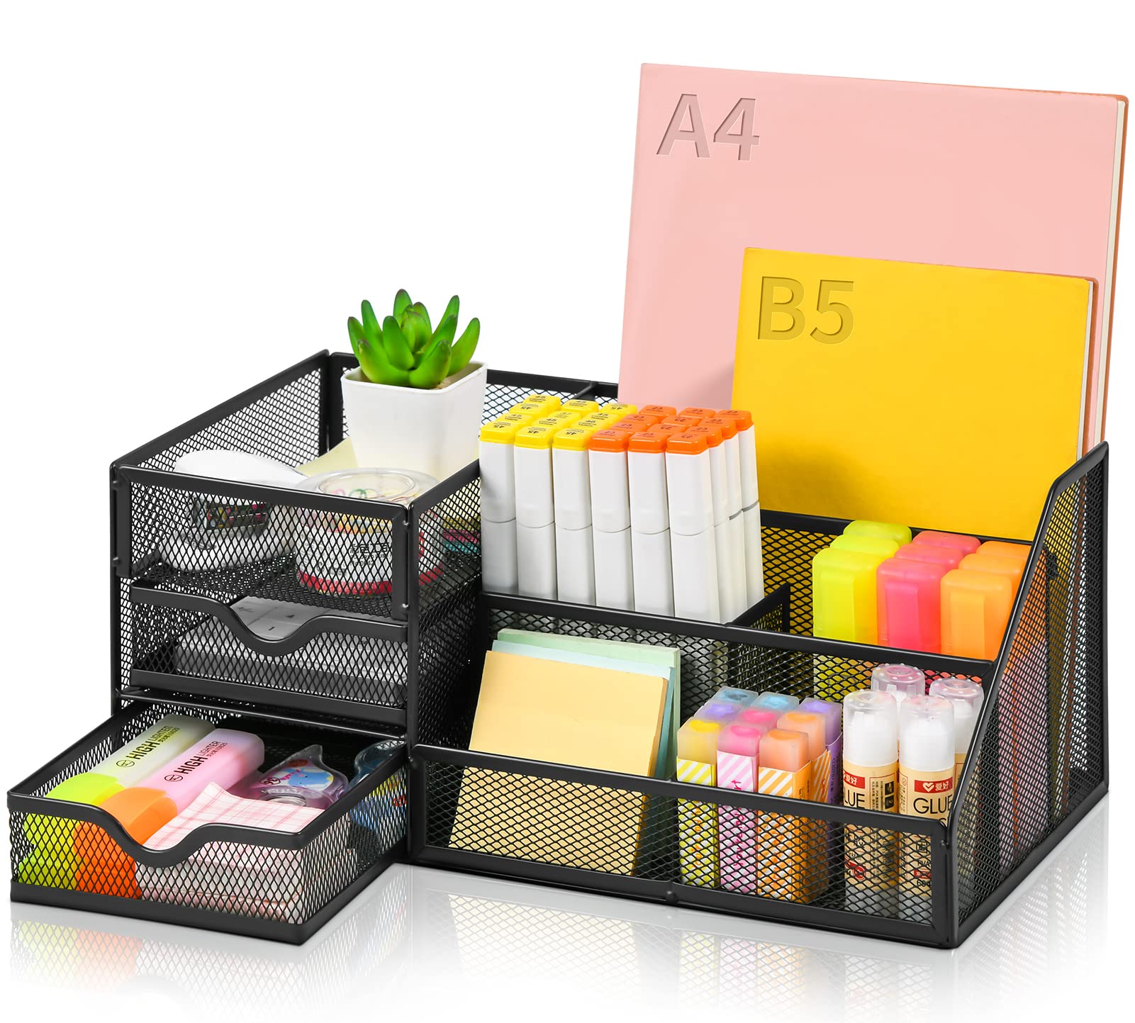 Lavatino Larger Mesh Desk Organizer With Drawers, Multifunctional Desk Organizers And Accessories With 6 Compartments + 2 Drawer