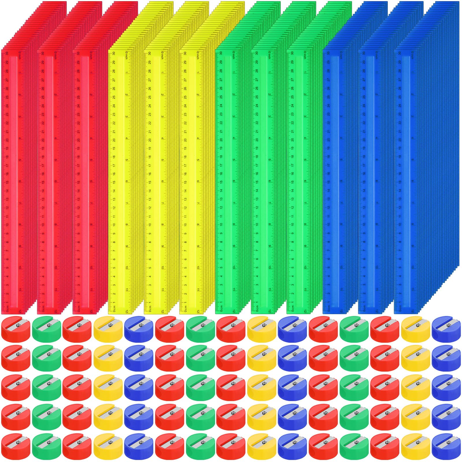 Mifoci 300 Pcs 12 Inch Plastic Rulers And 300 Pcs Mini Round Manual Pencil Sharpener Bulk For Classroom Office Back To School Su