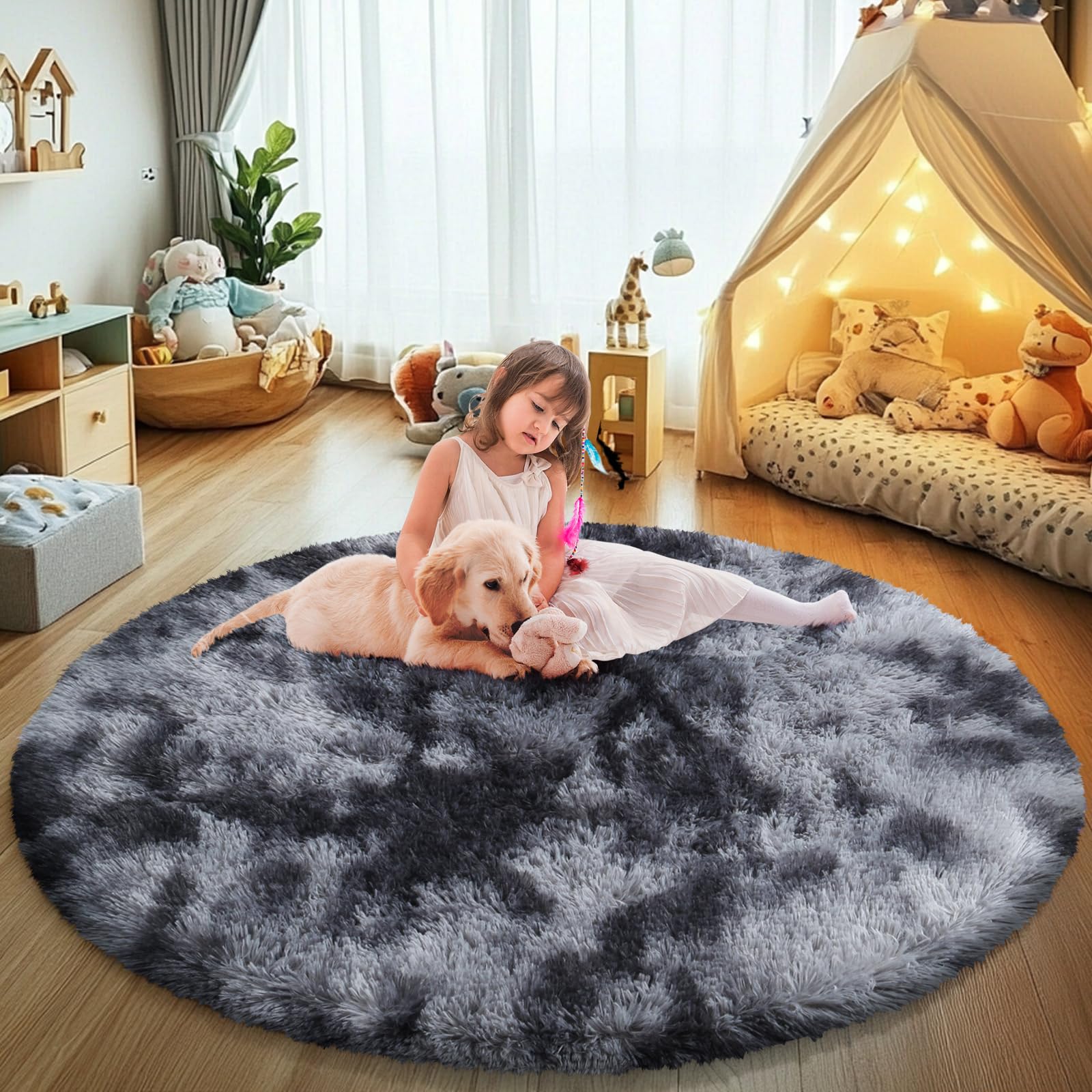 Tie-Dyed Black Fluffy Round Rug,Soft Area Rugs for Girls Room,Shaggy Rugs 5'X5' for Living Room,Non Slip Circle Rug for Kids Bed