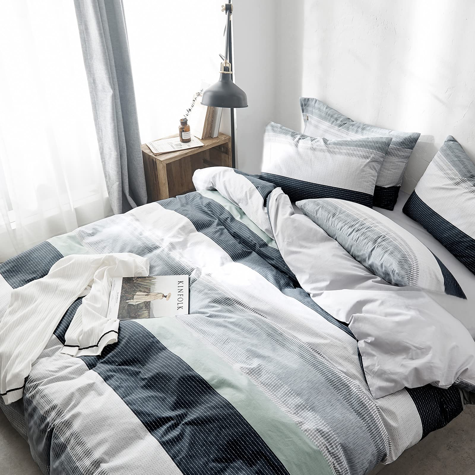 VM VOUGEMARKET Bedding Striped Duvet Cover Queen,3 Pieces Blue Gray Duvet Cover Sets, Cotton,Modern Simple Comforter Cover for T