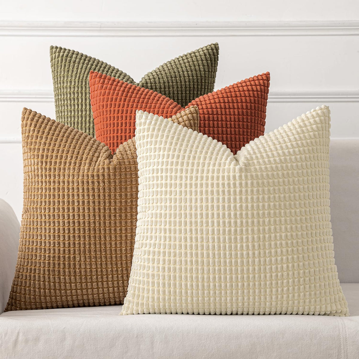Miulee Boho Farmhouse Throw Pillow Covers 20X20 Inch Set Of 4 Soft Neutral Cushion Covers Dark Green Corduroy Couch Pillowcases