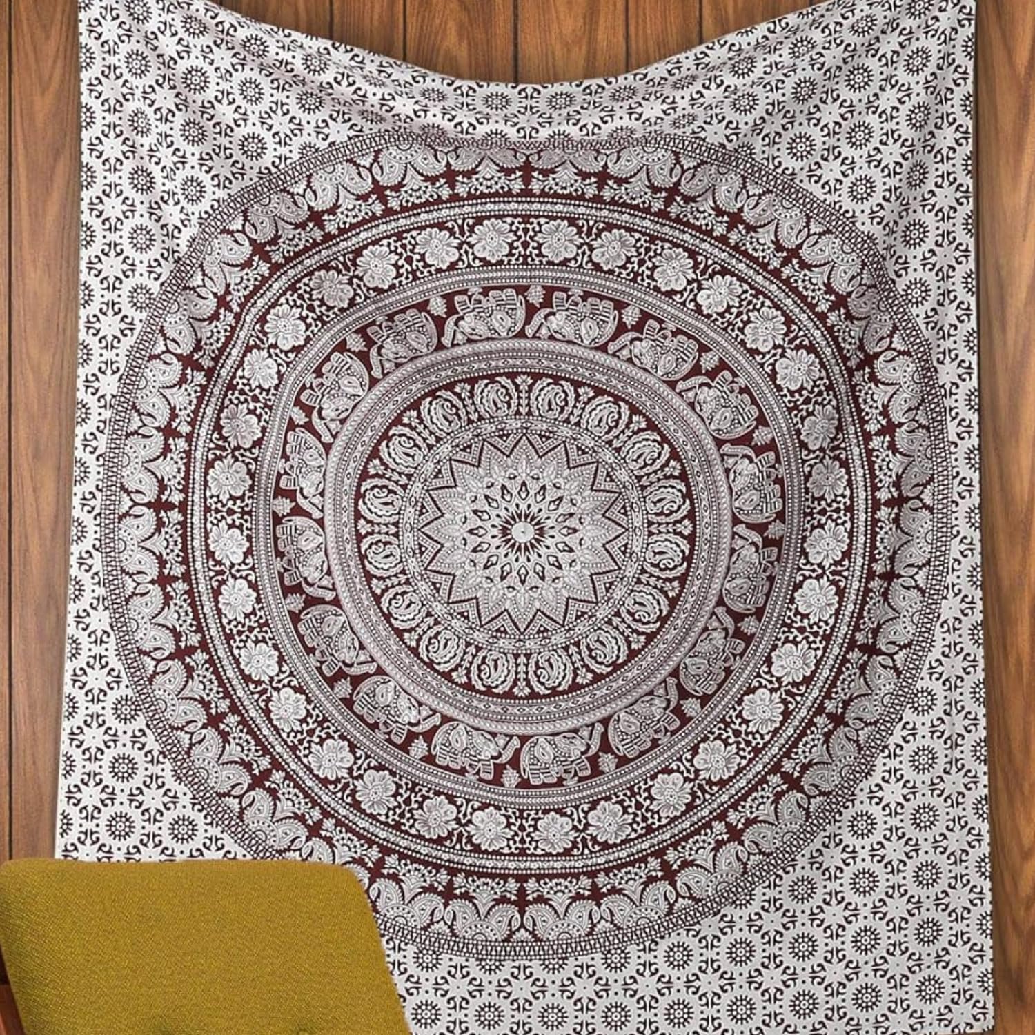 Rajrang Cotton Mandala Maroon Tapestry For Bedroom Boho Elephant Hippie Wall Hanging Dorm Decor Intricate Indian Tapestries Meda