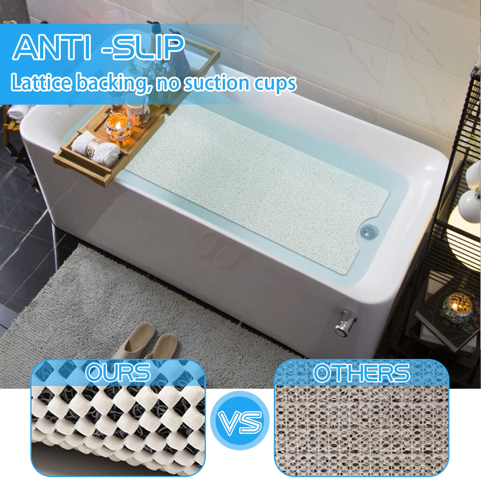 Oxtail Bathtub Mat Non Slip Shower Mat Soft Pvc Loofah Bath Tub Mats For Bathroom 16''X40'', White