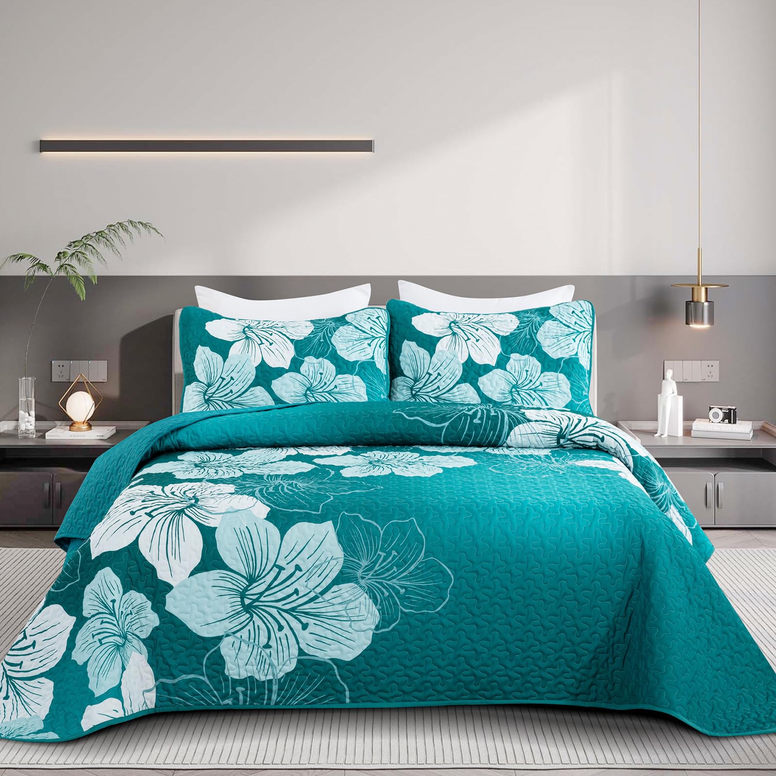 Djy Floral Quilt Set King 3 Pieces Gradient Green Bedspread Set Botanical Soft Bedding Quilt With 2 Pillow Shams Elegent Lightwe