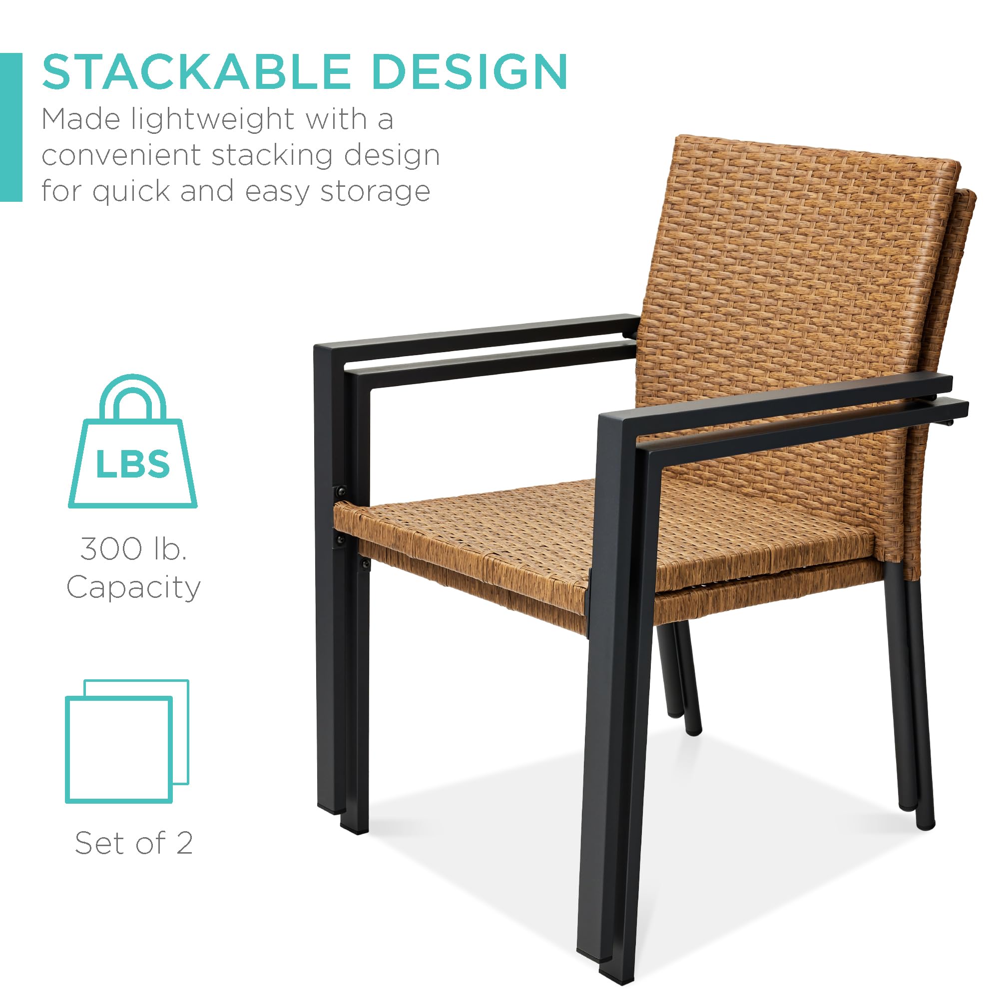 Best Choice Products Set Of 2 Stackable Outdoor Wicker Dining Chairs All-Weather Firepit Armchair W/Armrests, Steel Frame For Patio, Deck, Garden, Yard - Natural