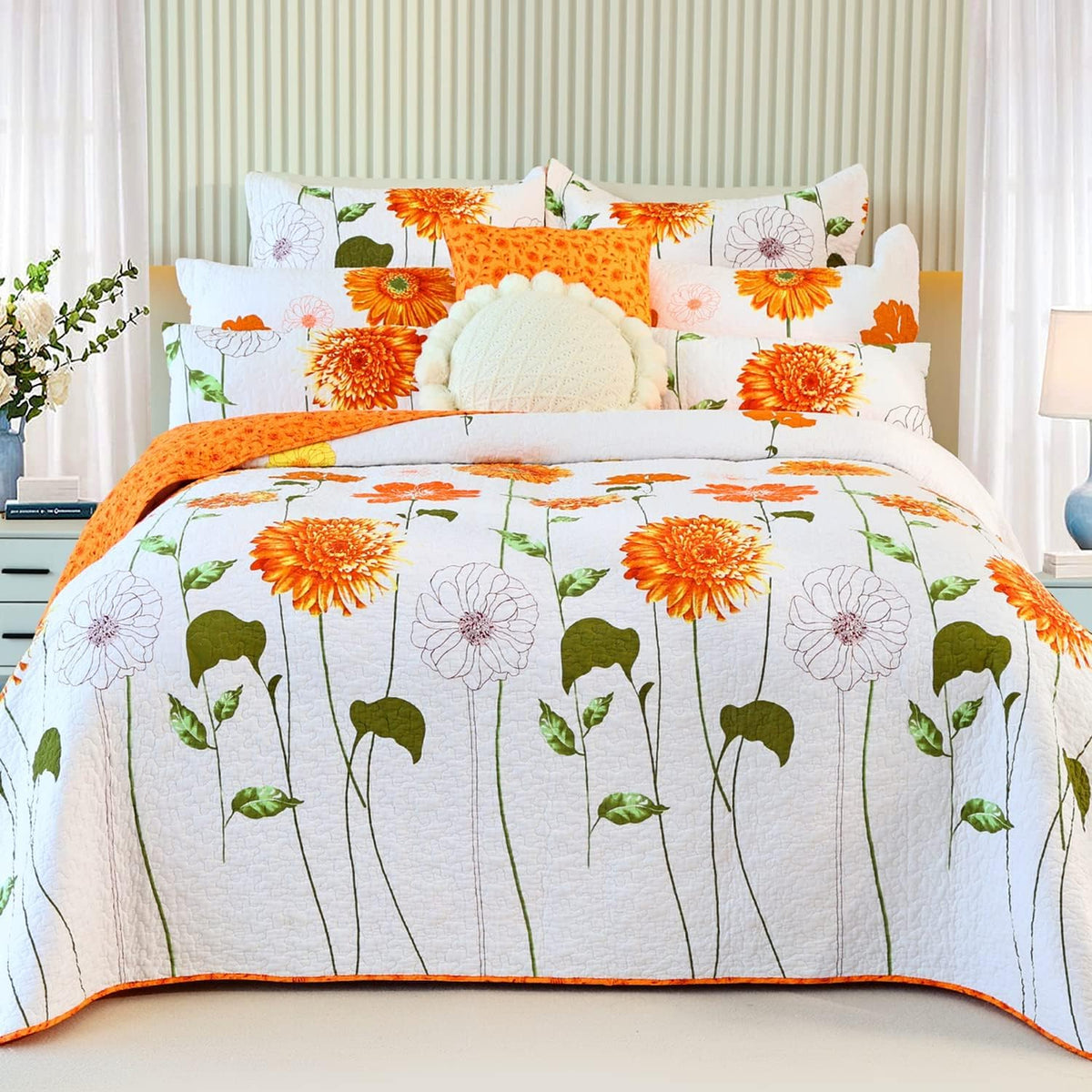 Evenhug 100% Cotton Quilt King Size Orange Sunflower Bedding Set Floral Lightweight Quilt Reversible Coverlet Bedspread With 2 P