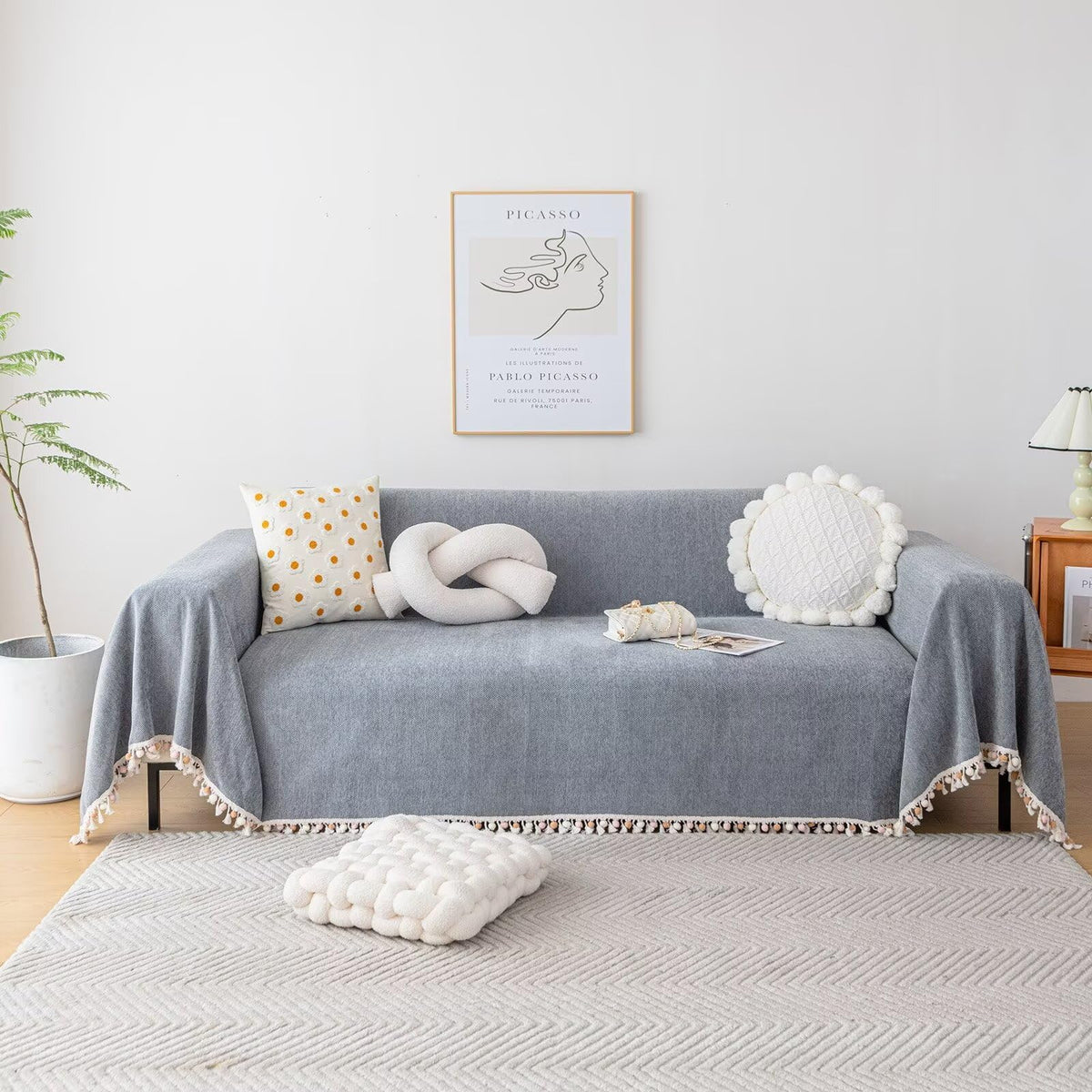 VClife Dark Grey Couch Cover Modern Ball Tassel Fringe Design Couch Cover for 3 Cushion Couch Sofa Minimalism XL Couch Cover Pet