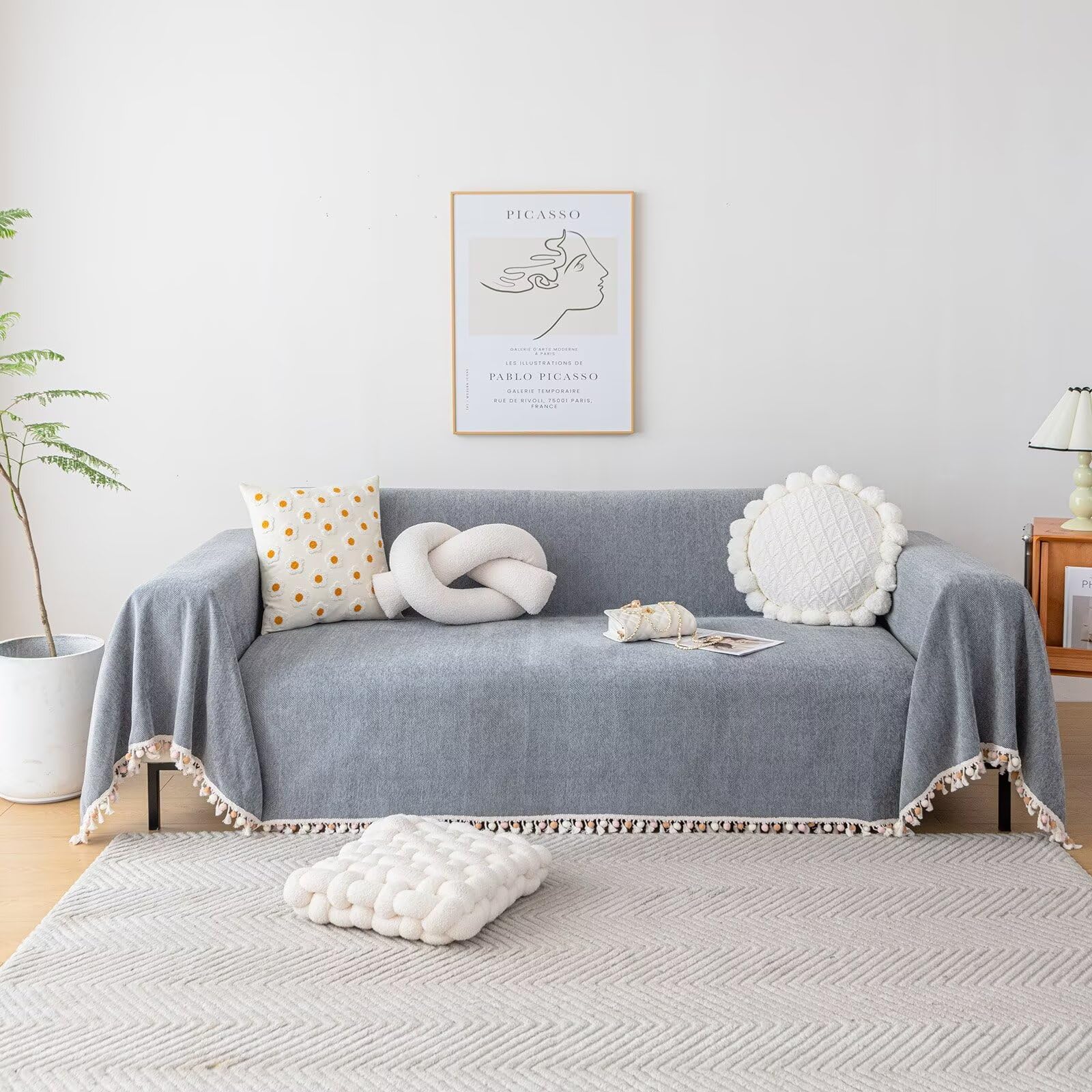 Vclife Dark Grey Couch Cover For 2-3 Cushion Couch Sofa Non Slip Pet Friendly Chenille Sofa Cover With Ball Tassel Fringe Washab