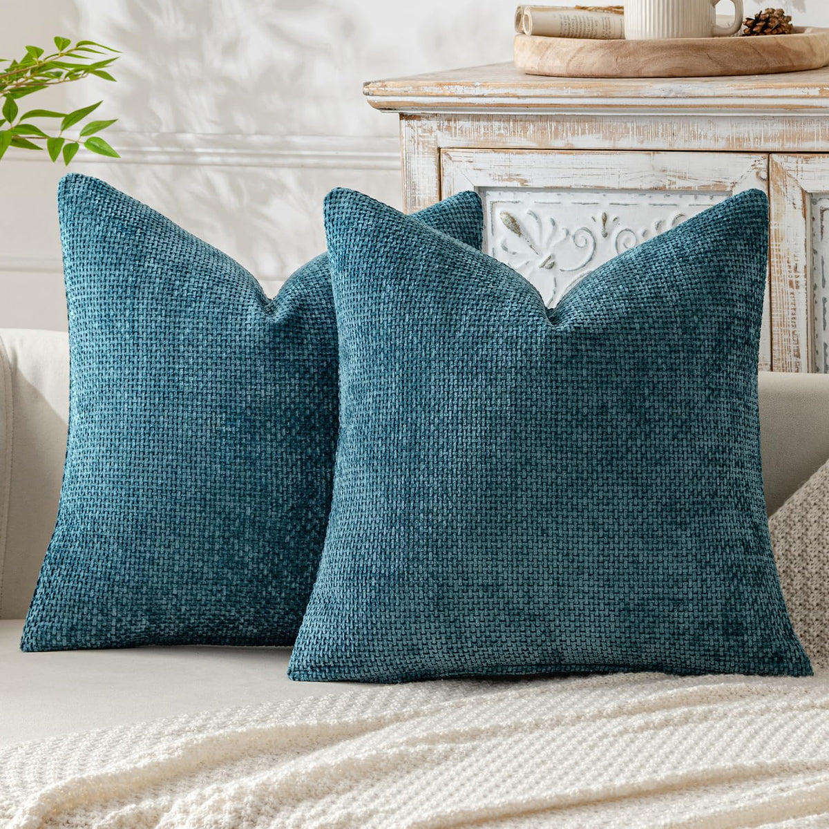Miulee Pack Of 2 Teal Decorative Pillow Covers 18X18 Inch Soft Chenille Couch Throw Pillows Farmhouse Cushion Covers For Home De