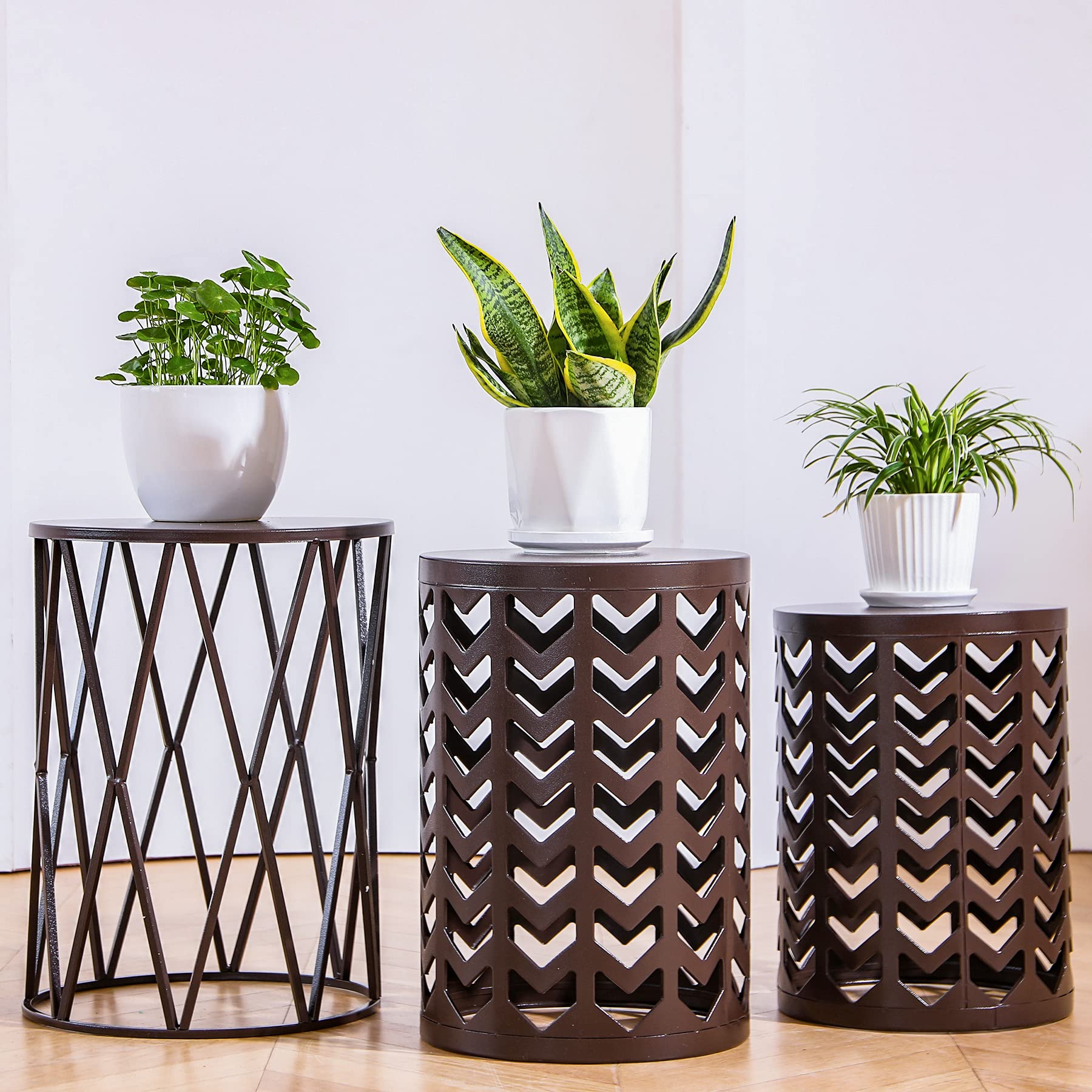 Y&M Set Of 3 Round Heavy-Duty Side Table End Table, Coffee Table For Indoor Multifunctional Use, Outdoor Decorative Garden Stool Plant Stand-Pure Brown(Ship From Us)
