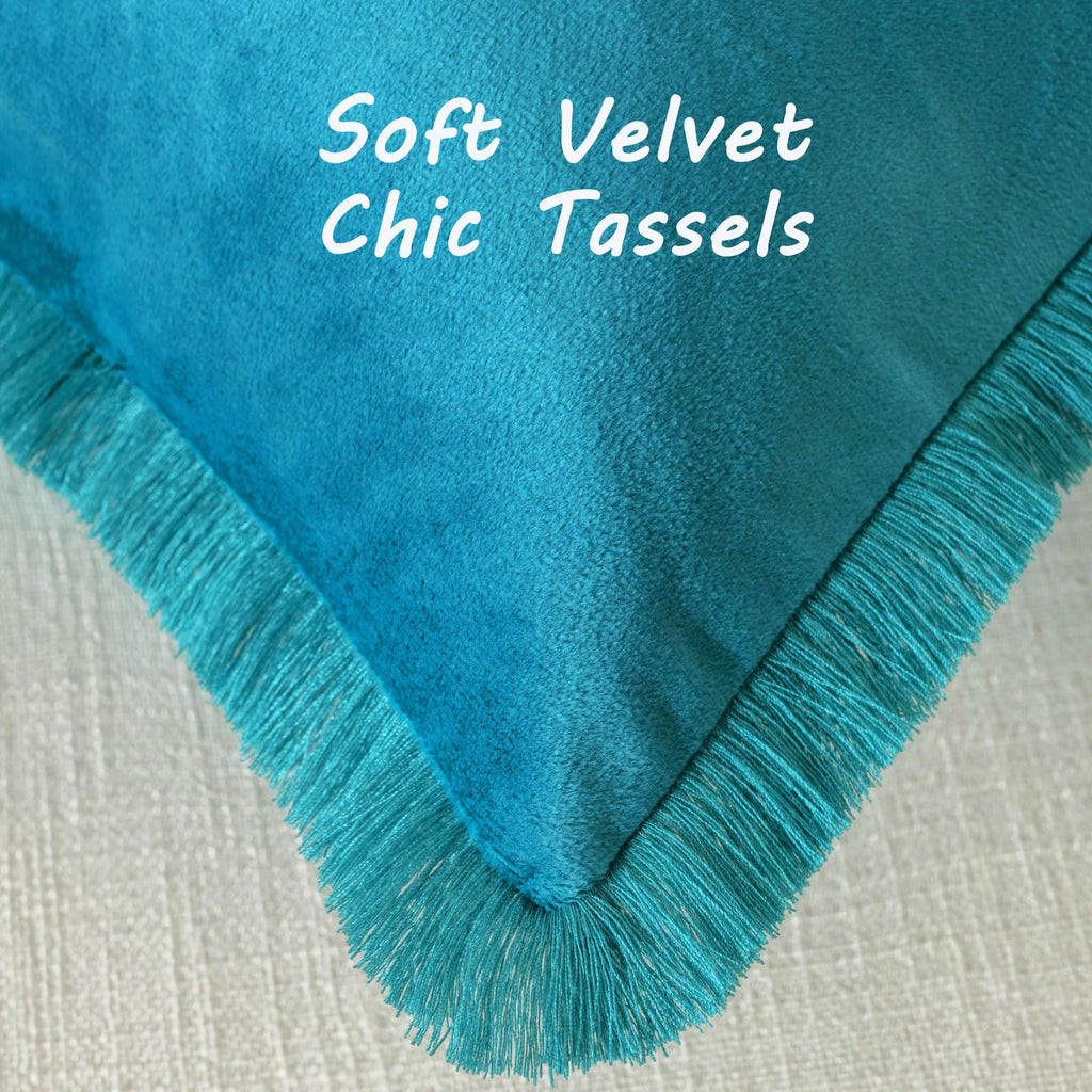 Futei Teal Boho Throw Pillow Covers With Tassels 24X24 Inch Set Of 2,Soft Velvet Decorative Euro Pillow Shams,Home Decor For Cou